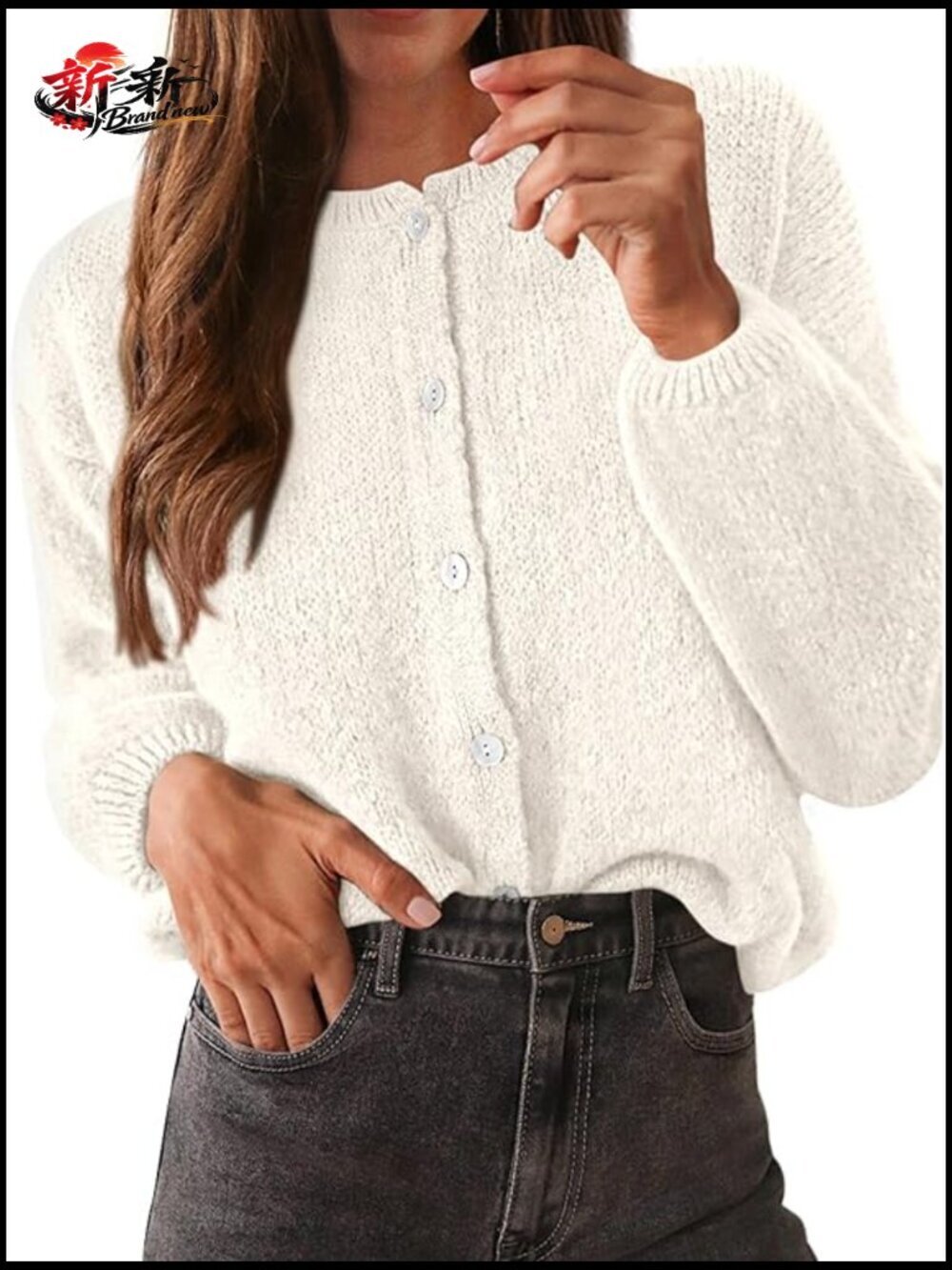 Loose Fit Button Up Long Sleeve Crewneck Knit Cardigan Sweater Open Front